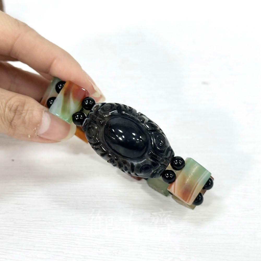 御古齋】天然九頁岩瑪瑙雙龍拱珠天眼天珠手排佛教聖物避邪鎮煞事事順心