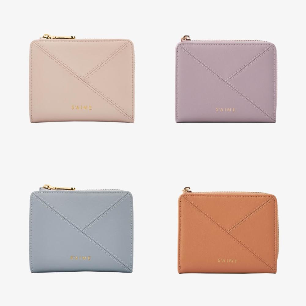 ■S'AIME■真皮撞色滾邊對折中夾 本革コントラスト財布/送料込 真皮撞色十字紋鈕扣卡片零錢夾-S'AIME東京企劃