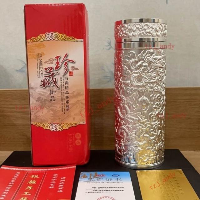 純銀　盃　銀杯 台灣出貨-銀杯子999純銀水杯九龍銀杯保溫杯足銀內膽雪花銀水杯