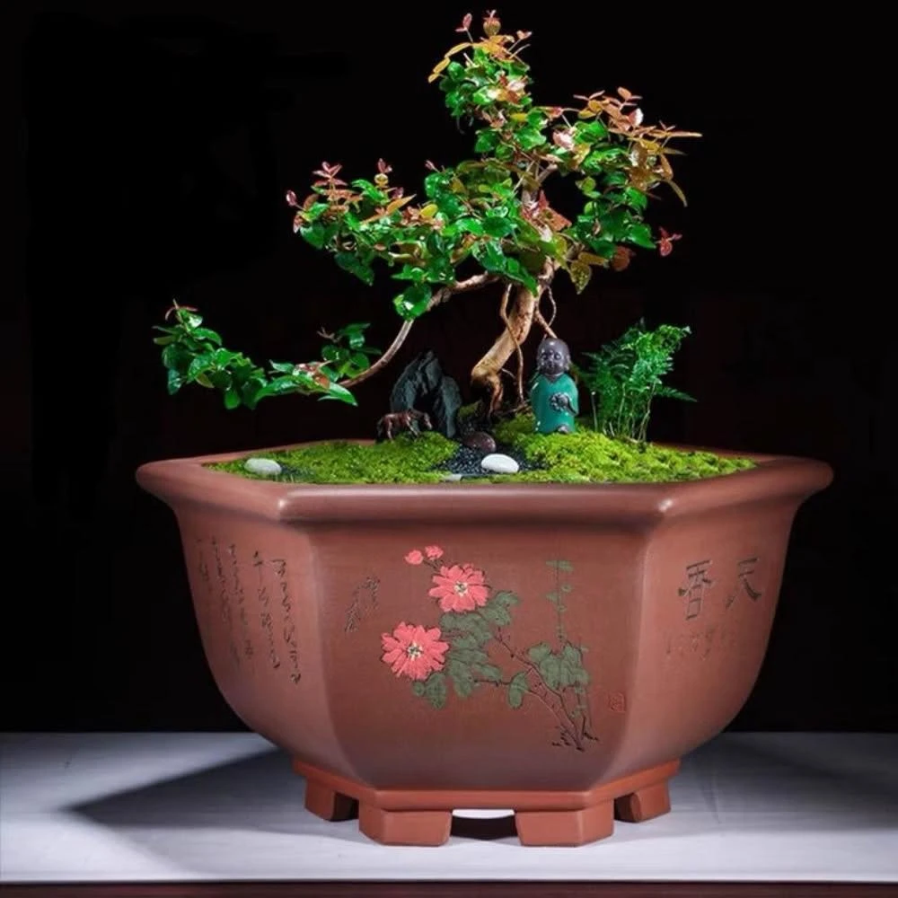 古風大口徑紫砂花盆宜興紫砂花盆大口徑六方花盆特大號六角透氣盆栽精品