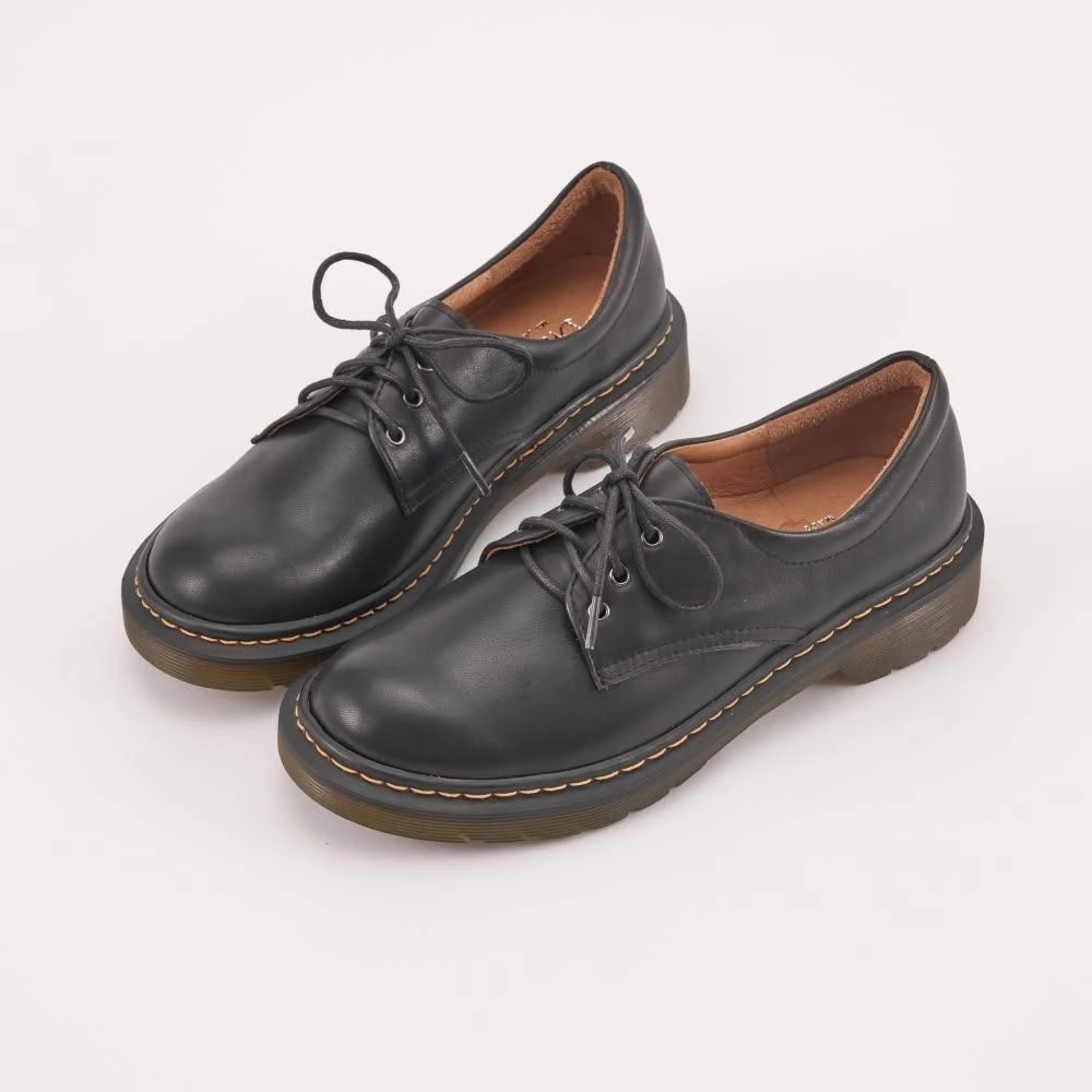 【DREAMS SHOP】足弓支撐_MIT真皮圓頭素面縫線德比鞋 黑色 大尺碼女鞋37-46