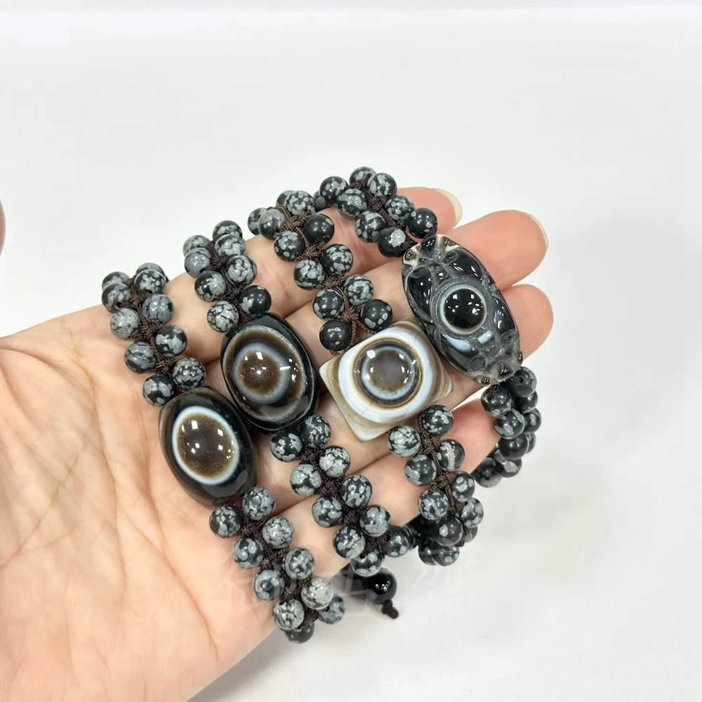 頂級黑白型二折線九眼天珠｜招財、桃花、智慧、開運