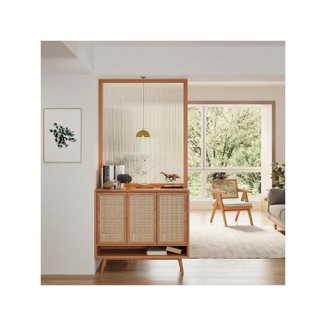 日式全實木入戶玄關屏風櫃客廳北歐長虹玻璃隔斷藤編鞋櫃一體