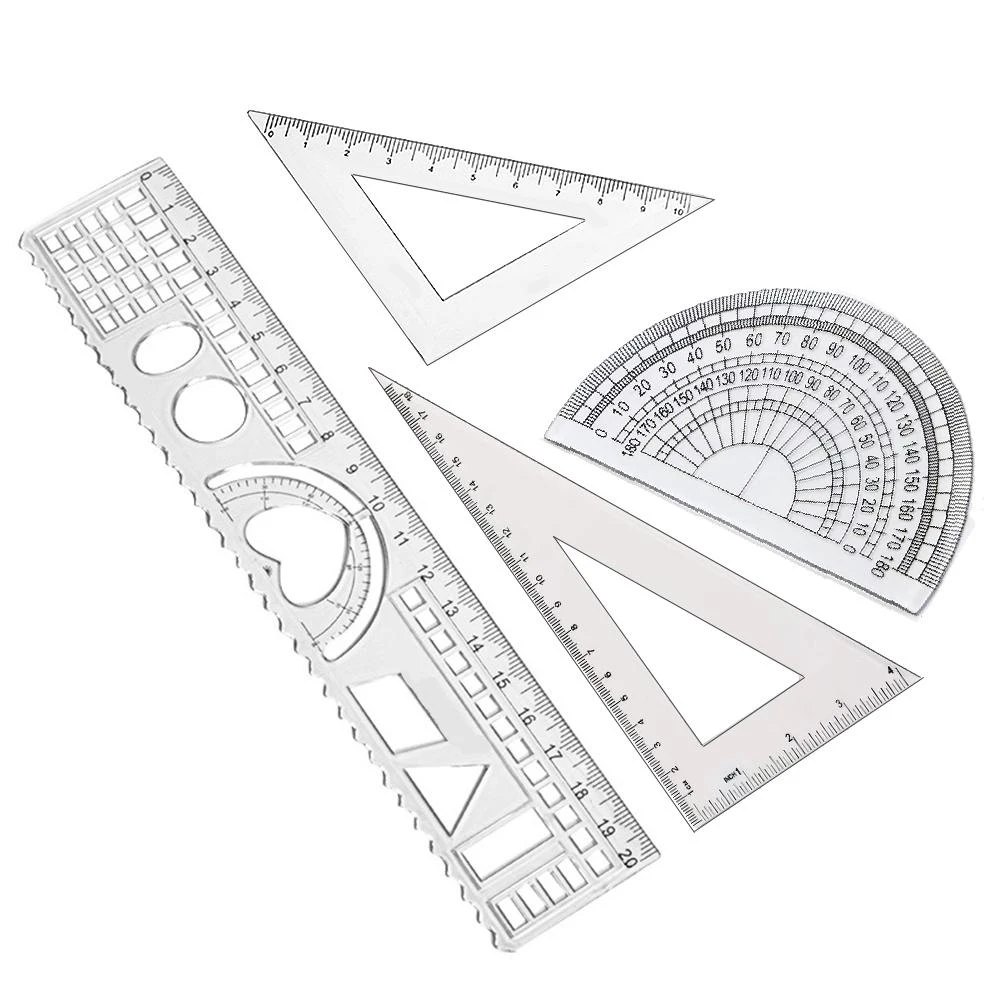 套尺四件套-學生文具 20公分直尺 45度三角尺 60度三角尺 180度量角器 文具4件組☆