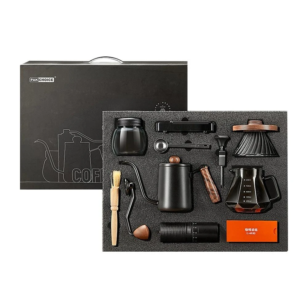 YIZ 手沖咖啡組 手沖咖啡套裝禮盒（V60濾杯+手沖壺+磨豆機 304不銹鋼材質 送電子秤+咖啡罐 家用/送禮首選）