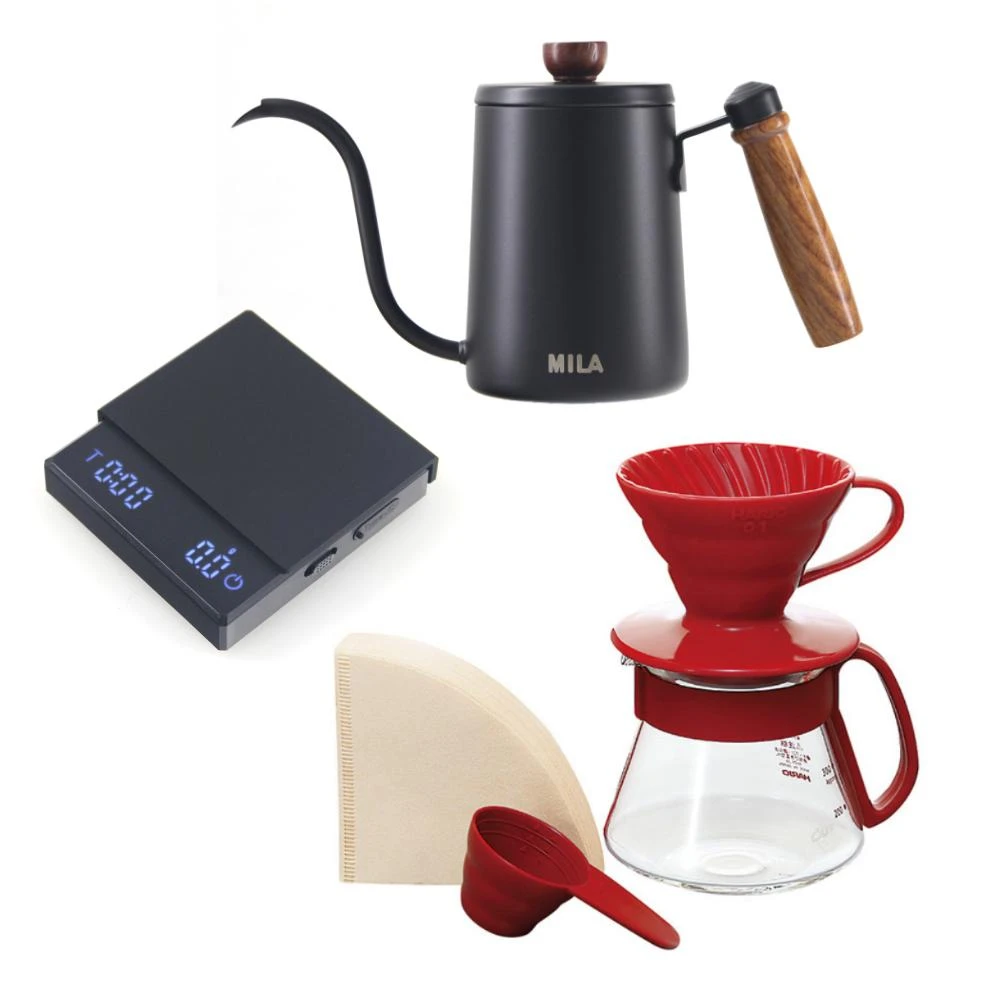【HARIO】V60紅色濾杯咖啡壺組 超值組合(電子秤+手沖壺)
