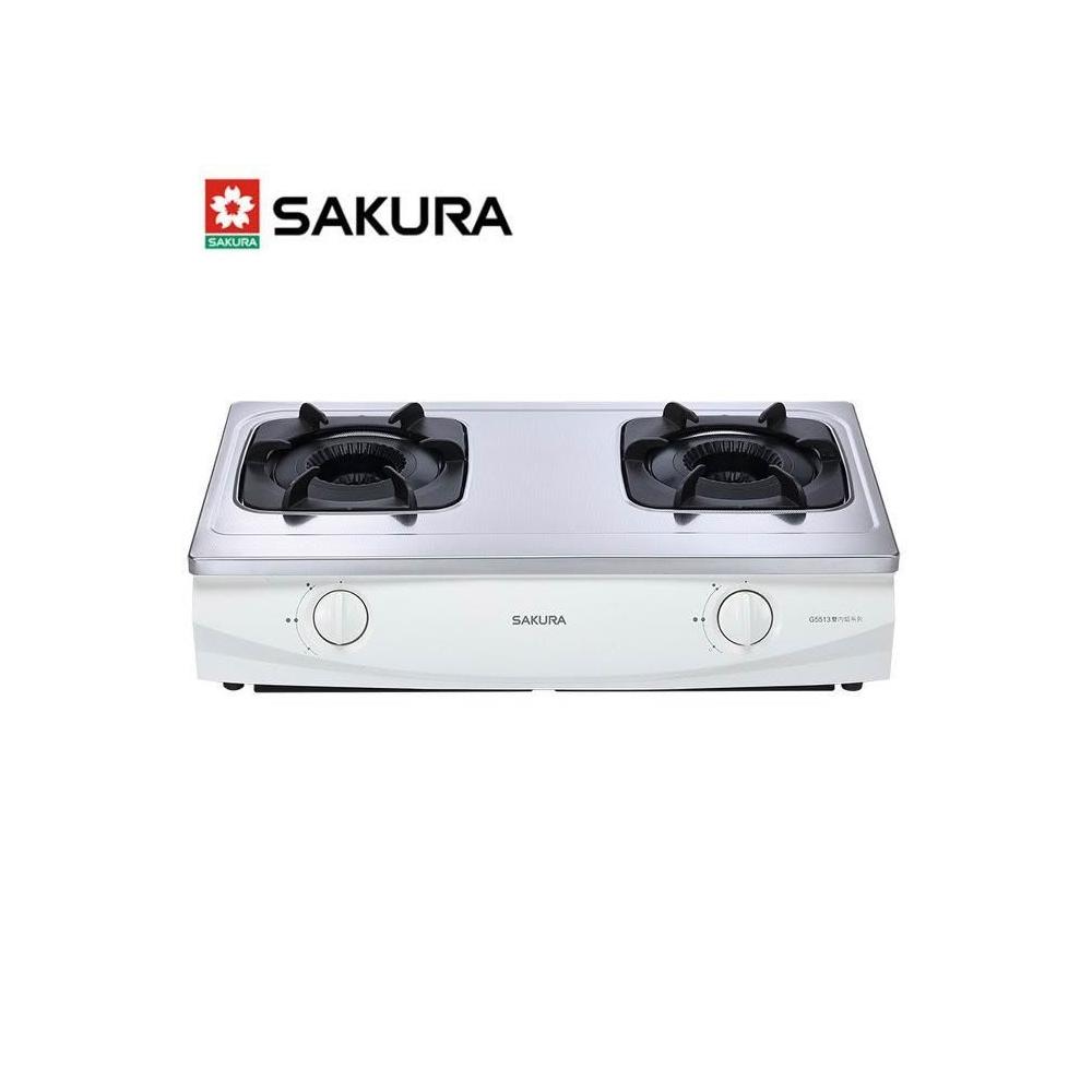 SAKURA櫻花牌 G-5513 SAKURA櫻花牌 G-5513SL 雙口瓦斯爐,採用不鏽鋼爐臺與內焰爐頭設計,提供穩定高效的8~9kW熱輸出。電子連續點火系統操作簡便,適閤家庭廚房使用。產地其他國家,能源效率無等級,標準安裝方式,包含原廠配件,享1年保固。挖孔與機體尺寸依原廠規格,完美融入現代廚房,提升烹飪效率與安全性。