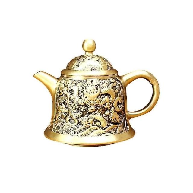 高檔黃銅茶壺龍頭壺創意酒杯辦公案頭擺件純銅復古中式茶具雙龍戲珠茶具