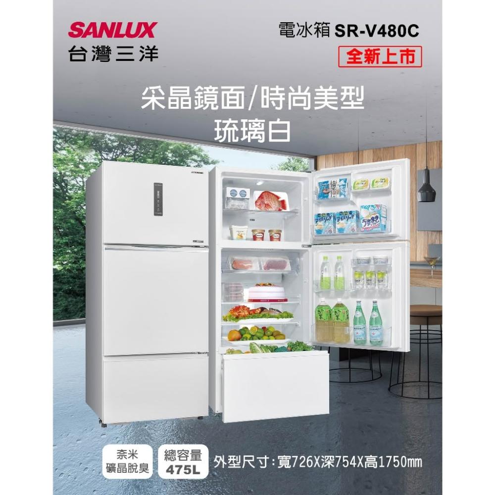 【SANLUX 台灣三洋】SR-V480C【SANLUX台灣三洋】480L 直流變頻一級能效 三門電冰箱 琉璃白(基本安裝)