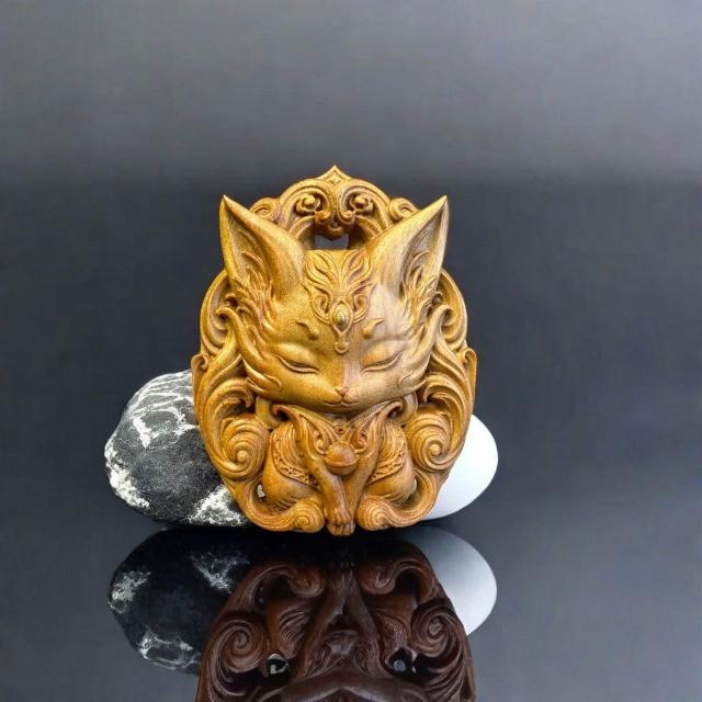 印度老山檀香掛件九尾狐鳳九平安雕刻木雕手把項鏈吊墜招財