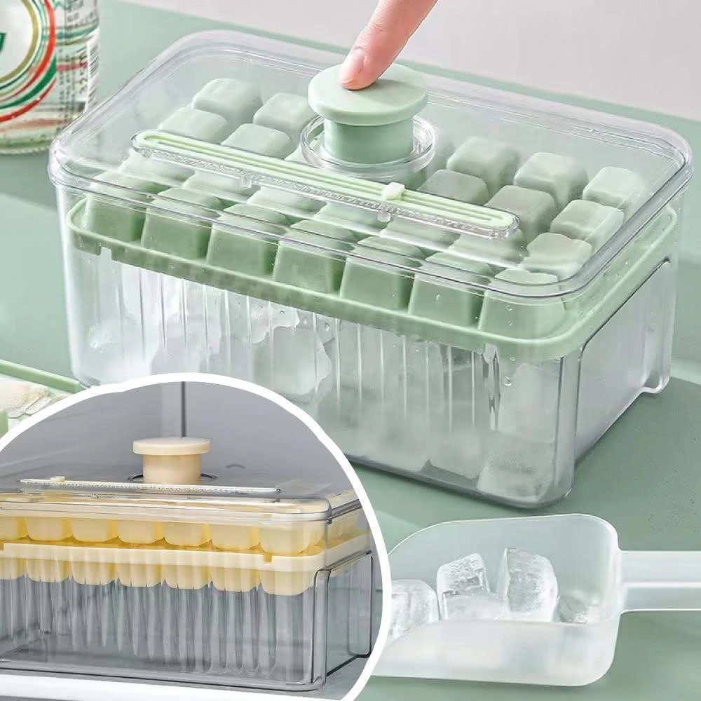 【新錸家居】2入雙層56格一秒脫模按壓製冰盒 加大容量一鍵秒脫冰食品級冰塊盒(送冰鏟 副食品盒儲冰格模具)