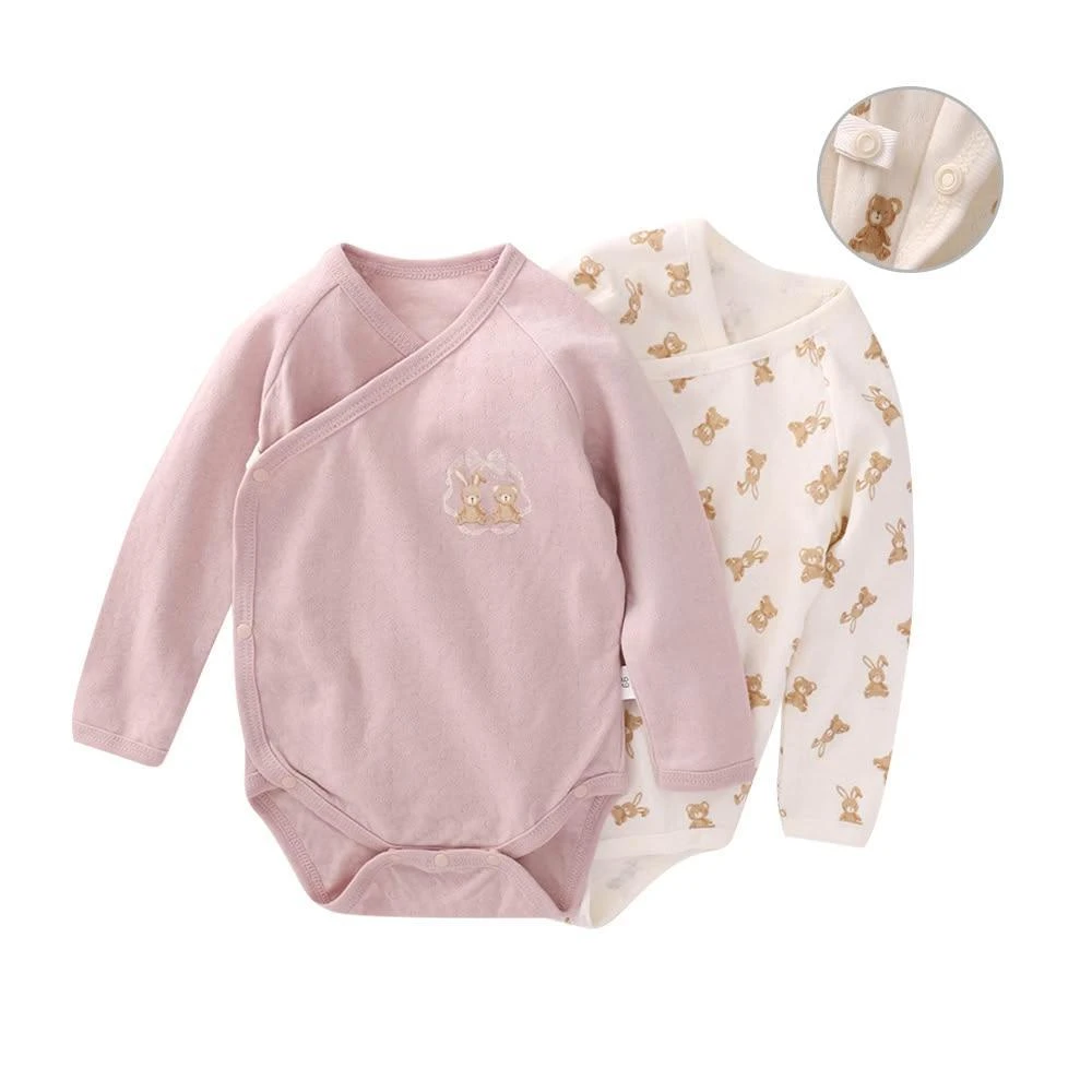 【雪倫小舖】新生兒長袖連身衣 日系純棉空氣棉長袖包屁衣 緹花斜開式長袖睡衣