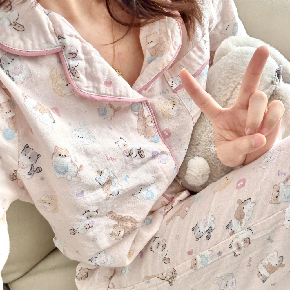 鑫奧精品 免運 100棉A類全棉雙層紗翻領睡衣長袖長褲套裝月子棉紗布家居服卡通