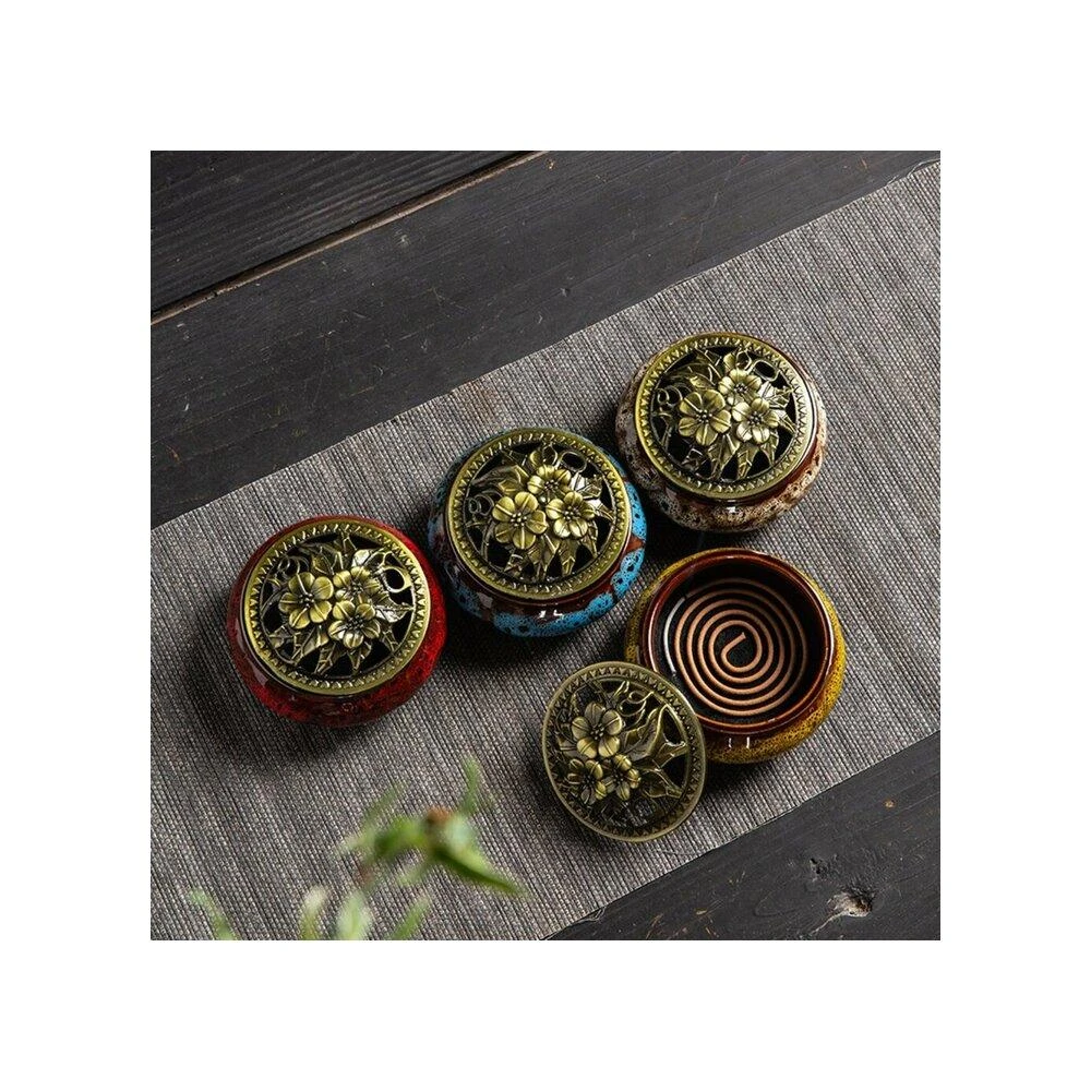 哥窯陶瓷香爐送防火棉家用佛堂 香爐批發 薰香窯變 香爐寺廟香薰盤塔香 小號盤香爐