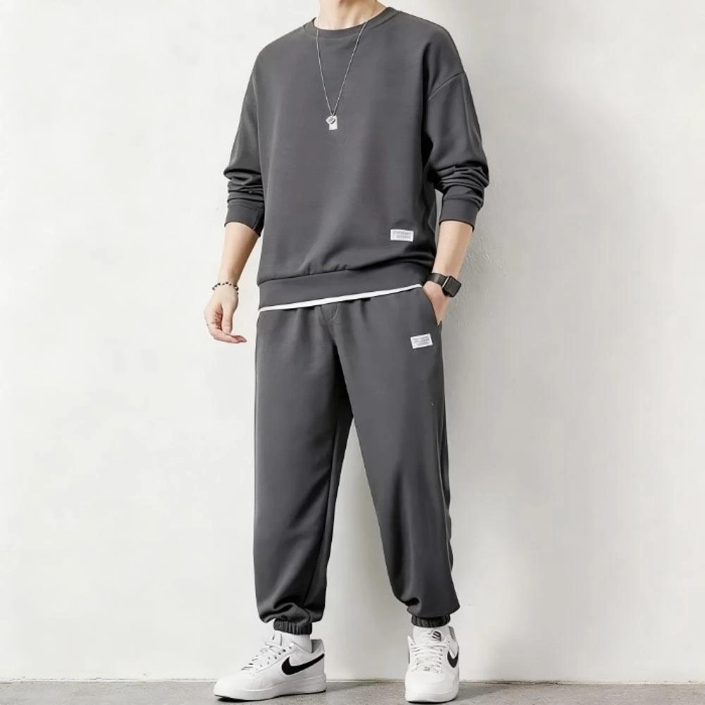 【B1 地下室】套裝 潮流休閒長袖套裝 華夫格運動服 男生衣服 長褲 5XL大尺碼NL663137(運動套裝)