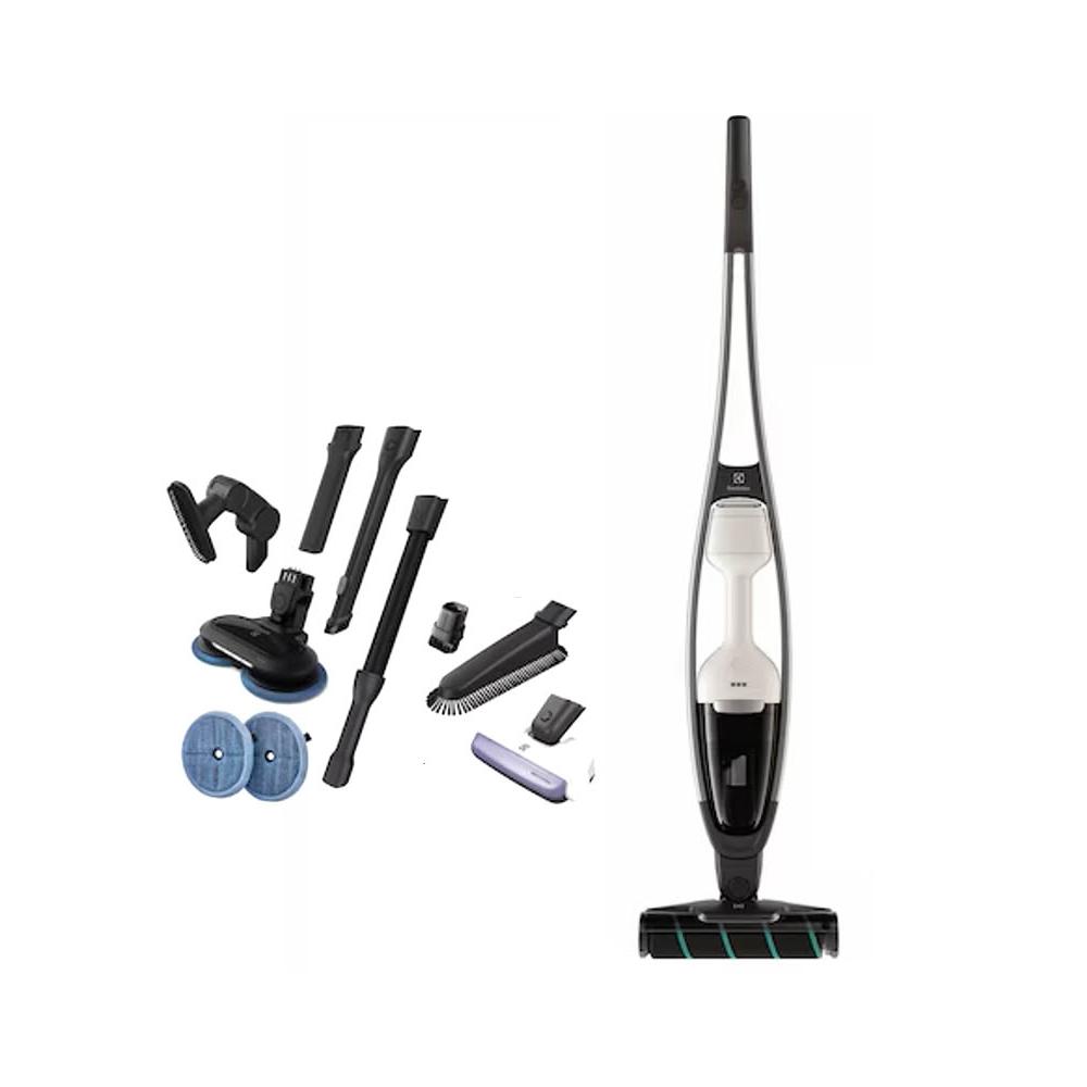 Electrolux 伊萊克斯 EFS71425WH 無線吸塵器，結合直立式與手持式設計，支援乾濕兩用清潔，0.3 公升可洗式集塵筒輕鬆處理灰塵與濕汙。輕量僅 5.55kg，充電 4.5 小時，尺寸寬 256 x 深 155 x 高 1097mm，適合居家多場景使用。中國製造，110V 電壓，BSMI 認證 R33428，提供 2 年保固，高效環保家電首選。