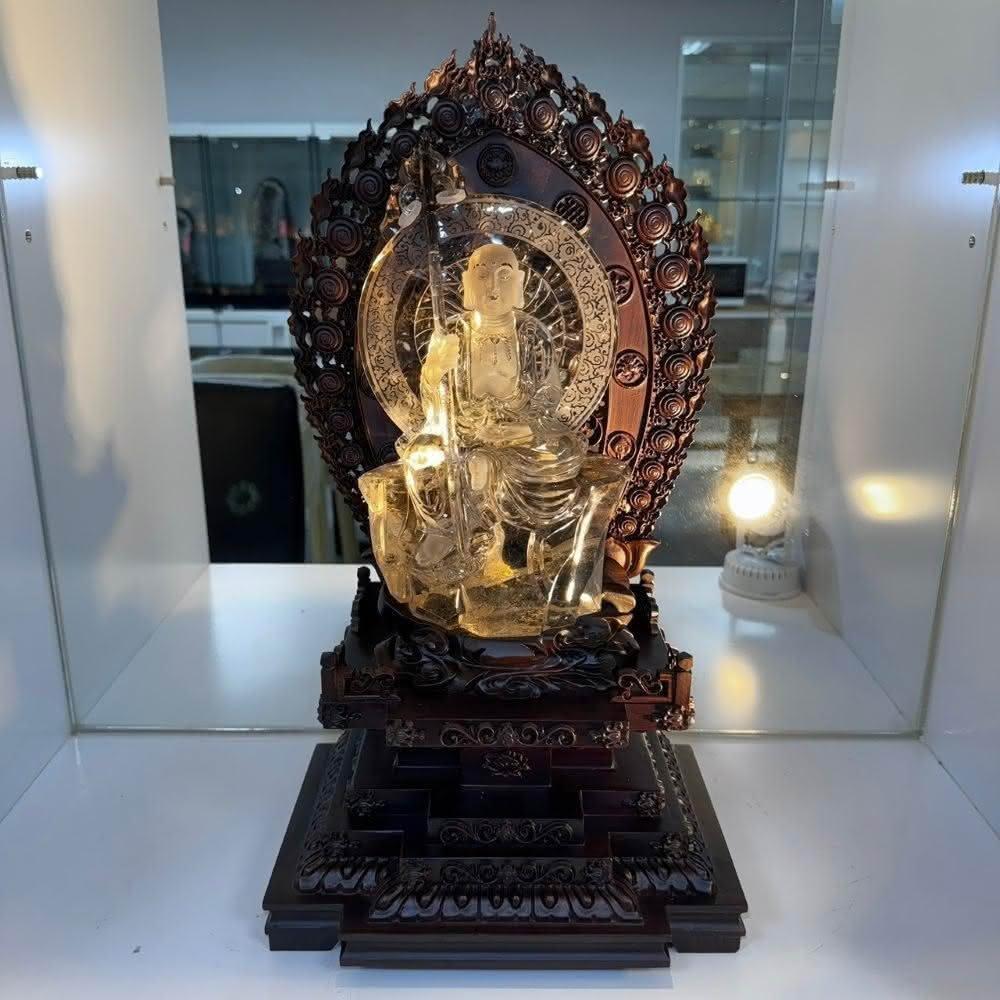 千奇國際精品】頂級收藏天然黃地藏王菩薩水晶雕件♥️天然黃帶彩虹光地