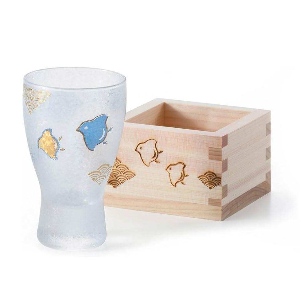 日本製佐倉嚴選ADERIA石塚硝子波千鳥枡酒杯100ml 清酒杯合枡酒器組木盒