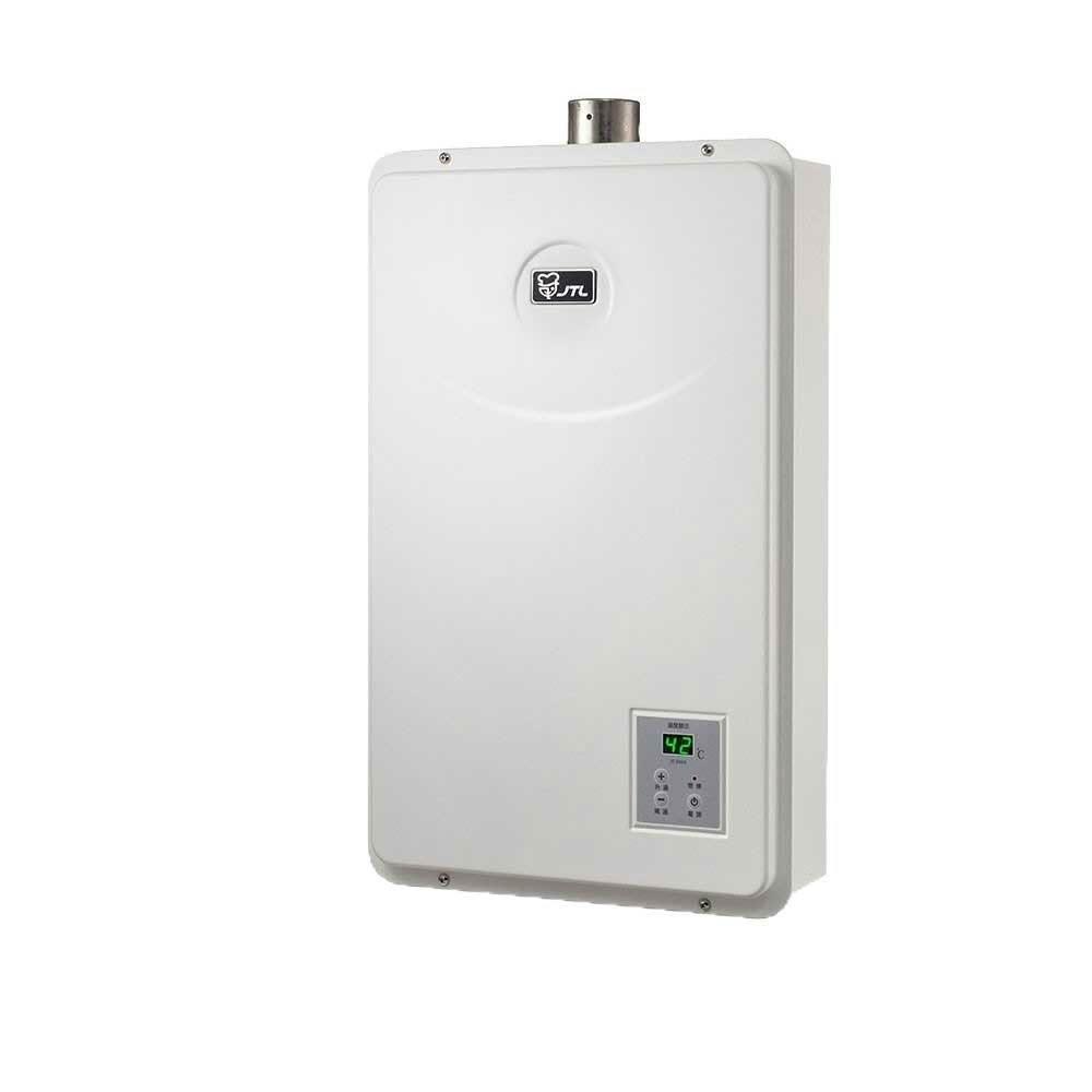  喜特麗 JT-H1632 瓦斯熱水器，臺灣原廠製造，16L熱水放出量，適閤家庭使用。採用數位恆溫控制，維持穩定水溫；FE強制排氣式設計，提升安全性。電子連續放電點火，操作簡便；熱效率83%以上，能源效率第二級，節能環保。尺寸374×150×608mm，重量15kg，電壓110V，保固1年，BSMI許可字號R31028。冷熱水管口徑PF1/2”，提供可靠熱水供應，SEO最佳化家用瓦斯熱水器選擇。 