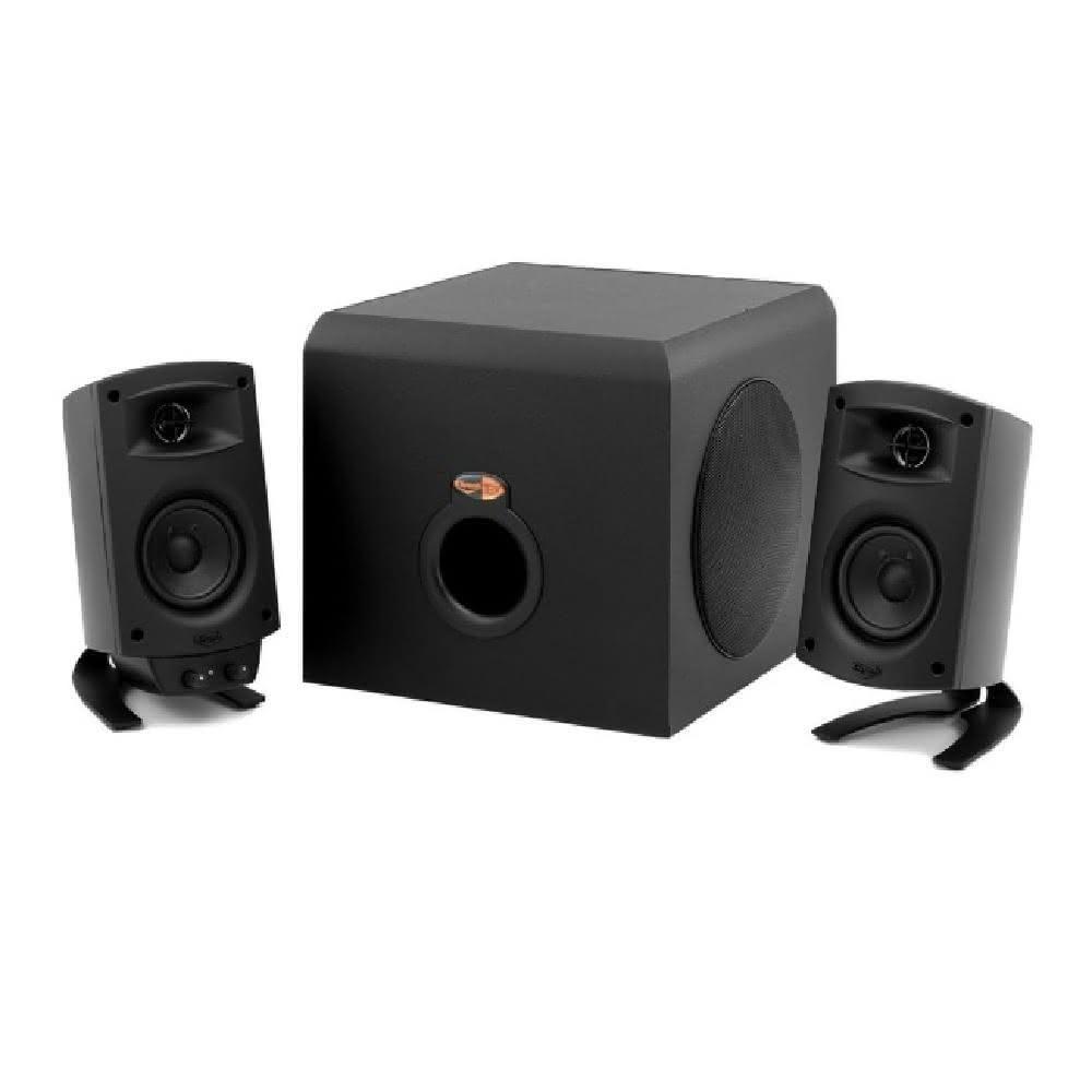 Klipsch Promedia 2.1 桌上型電腦喇叭，採用2.1聲道設計，包含左右衛星喇叭與強勁超低音，提供清晰高音與震撼低頻。黑色系外觀，衛星喇叭輕巧僅0.95kg，超低音5kg，無WiFi與藍芽支援，適合桌面使用。配件包含喇叭、說明書及保固卡，1年保固，BSMI許可字號R55156，中國產地。