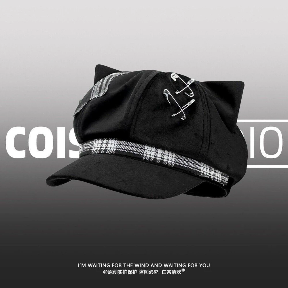 貝雷帽女設計感小眾貓耳朵八角舌帽女秋冬亞文辣妹顯臉小貝雷帽毛帽八角帽秋冬女倫日系複古顯臉小帽子高級感貝雷帽保暖帽