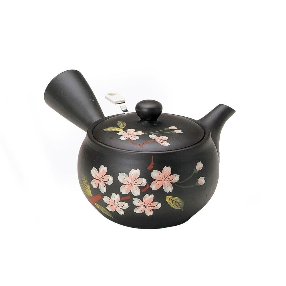 白掛彩草花急須　陶葊 日本製常滑燒富仙黑泥白花急須壺320ml 附濾網櫻花陶瓷茶壺橫手急須茶壺