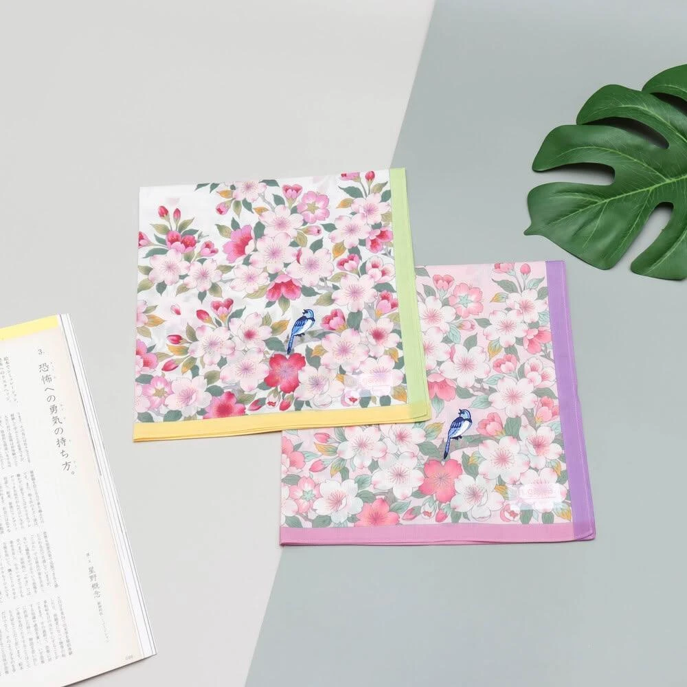 京都手帕-engawa刺繡系列-櫻花與白腹藍鶲(粉邊/黃邊)