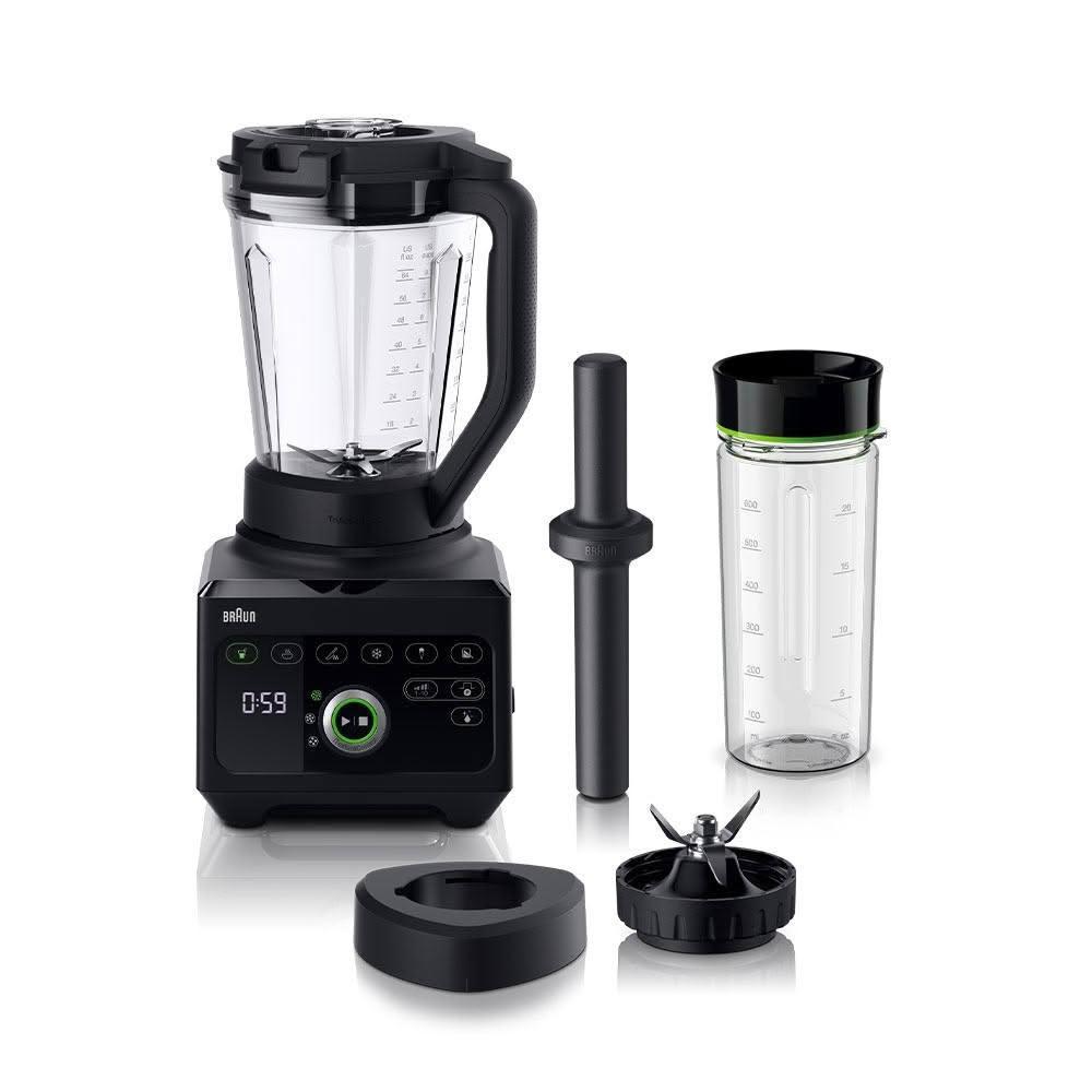  BRAUN 德國百靈 PowerBlend 9 JB9041 專業型調理機，採用 TRITAN 共聚酯內部材質，中國製造，110V 電壓適用。具 1000W 以上強大功率，高速 40000~45000 轉回轉數，2L~3L 大容量設計，支援加熱功能，適合製作熱飲與果汁。尺寸 200*250*430 mm，重量 4.63kg，配件包含攪拌杯、攪拌棒、隨行杯、蓋子、刀片與墊圈。BSMI 許可字號 R31692，全機 2 年保固。專業調理，輕鬆料理健康飲品！ 