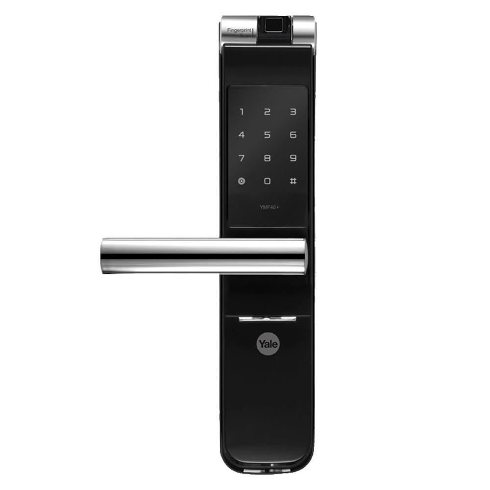 Yale耶魯 YMF-40A 四合一電子鎖，支援密碼、鑰匙、指紋及藍芽APP開門方式，結合智慧安全與便利。可儲存100個指紋，使用4-10位數字密碼設定，適用門厚40-80mm。採用AA電池供電，電池壽命依使用頻率而定，緊急時可使用9V電池。無感應卡功能，中國製造，提供三年保固，是居家辦公理想選擇。