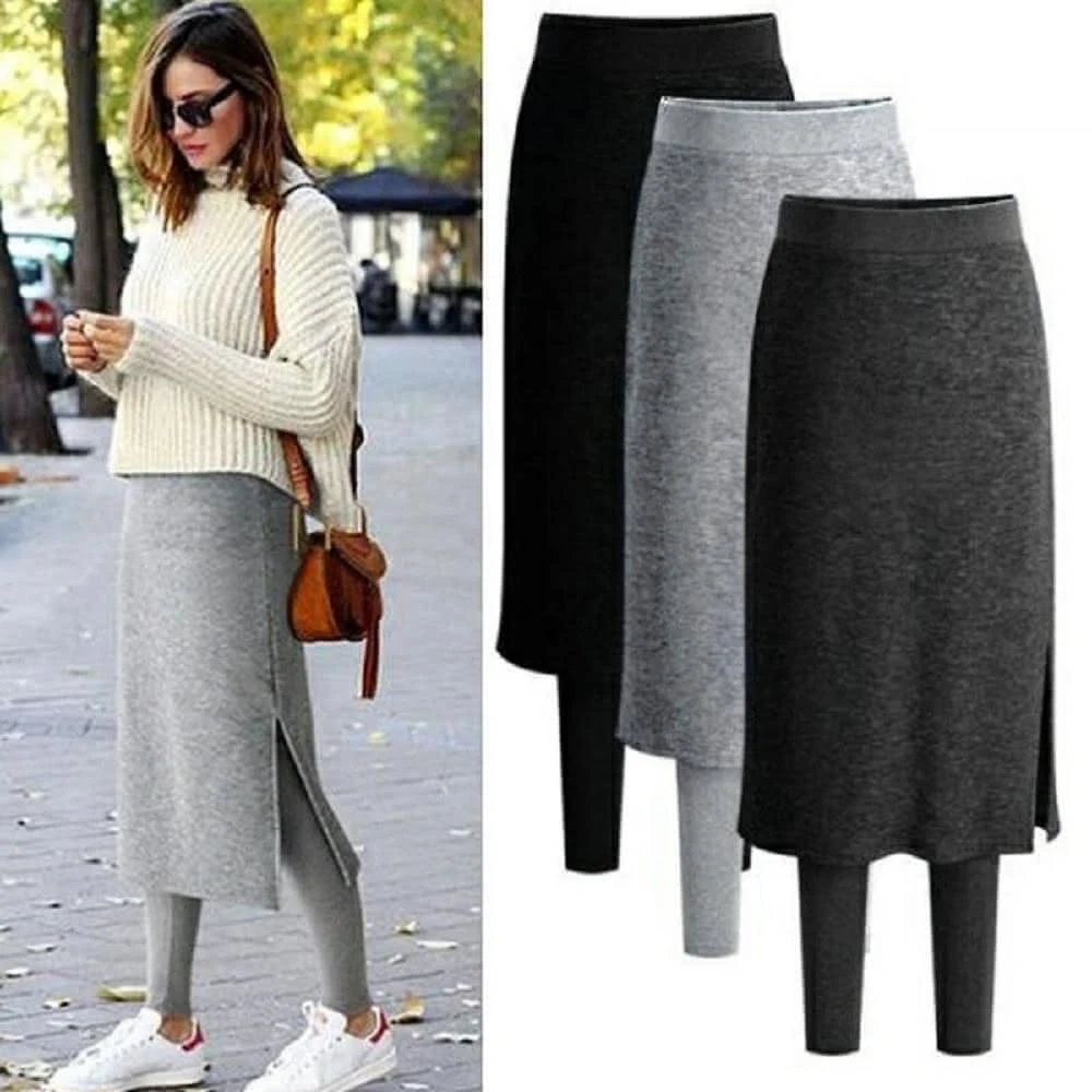 【Shiny 藍格子】素色腰鬆緊假兩件褲裙 V3610(女褲 長褲 內搭褲)