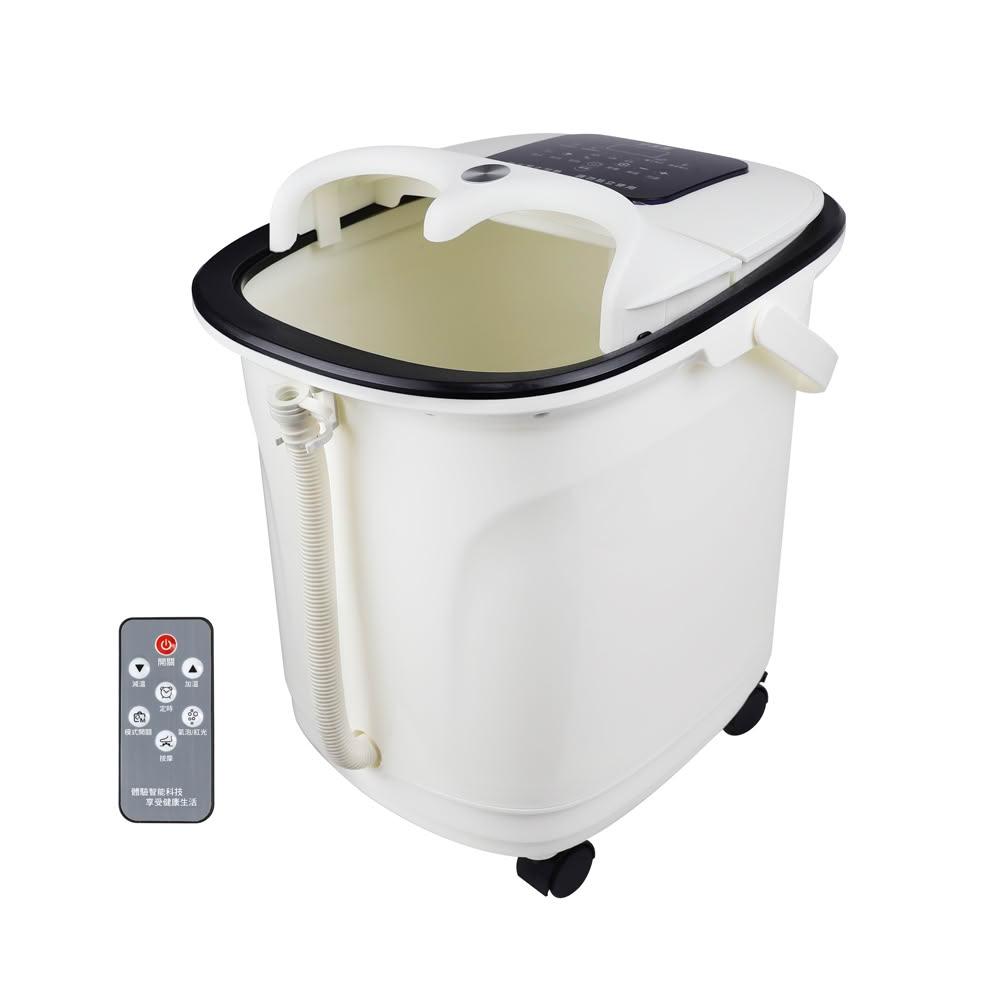  勳風 SUPA FINE HF-G6018 腳部按摩泡腳盆，採用白色系設計，尺寸34x42x47cm，注水深度達32cm，可泡到小腿肚。內建腳底滾輪按摩、加熱恆溫保溫、定時功能及微電腦控制面板，配有有線遙控器，功率850W，電壓AC 110V/60Hz。產地中國，BSMI許可R31043，1年保固，適合個人衛生用品使用，提供舒適泡腳按摩體驗。 