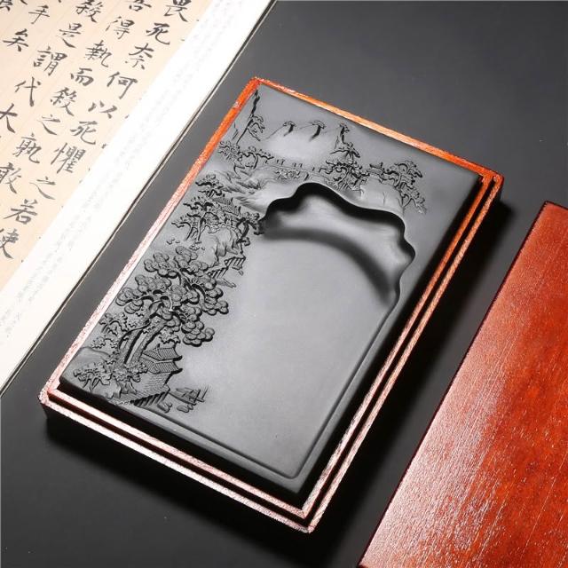 梵花精品歙硯名師設計山水硯台老坑原石書法繪畫文房禮品配木盒端硯墨