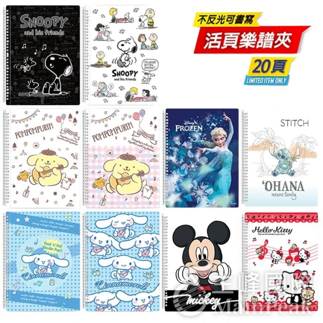 台灣製 美麗家 Hello Kitty 史努比 布丁狗 大耳狗 三麗鷗 迪士尼 小熊維尼 活頁樂譜夾 不反光資料夾