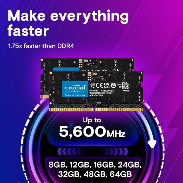 Crucial 美光】DDR5 5600 48GB（24GB x2筆電記憶體CT2K24G56C46S5）