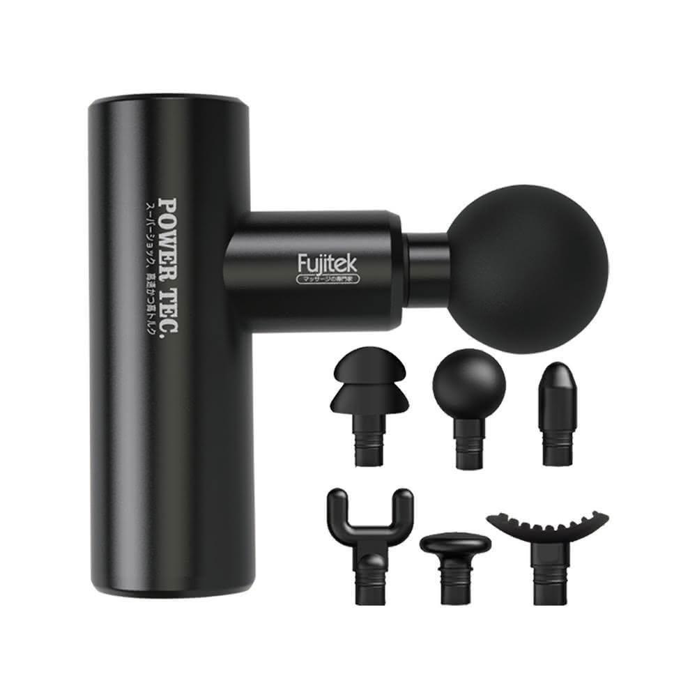 Fujitek 富士電通 FTM-U02 黑色充電式按摩器，專為肩頸背部設計的多功能家用按摩神器。機身尺寸僅14x9x4.5cm，重量輕巧365g±5%，易於攜帶使用。內附主機與六款專業按摩頭，滿足不同部位需求，如肩頸放鬆、背部舒緩。採用充電式電源，方便隨時使用。產地中國，BSMI許可字號符合安全標準。注意事項：每次執行15分鐘自動停止，再按開關繼續；建議勿連續使用超過45分鐘。適合長期辦公族、運動愛好者，提升生活品質。關鍵字最佳化：充電式按摩器、富士電通按摩、肩頸按摩、多功能按摩頭。