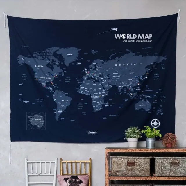 【Umade】世界地圖掛布 海軍藍色 S/M 附磁鐵地標扣 房間佈置 居家情境裝飾 辦公室牆壁裝飾 情侶禮物 生日禮物 旅行紀錄紀念