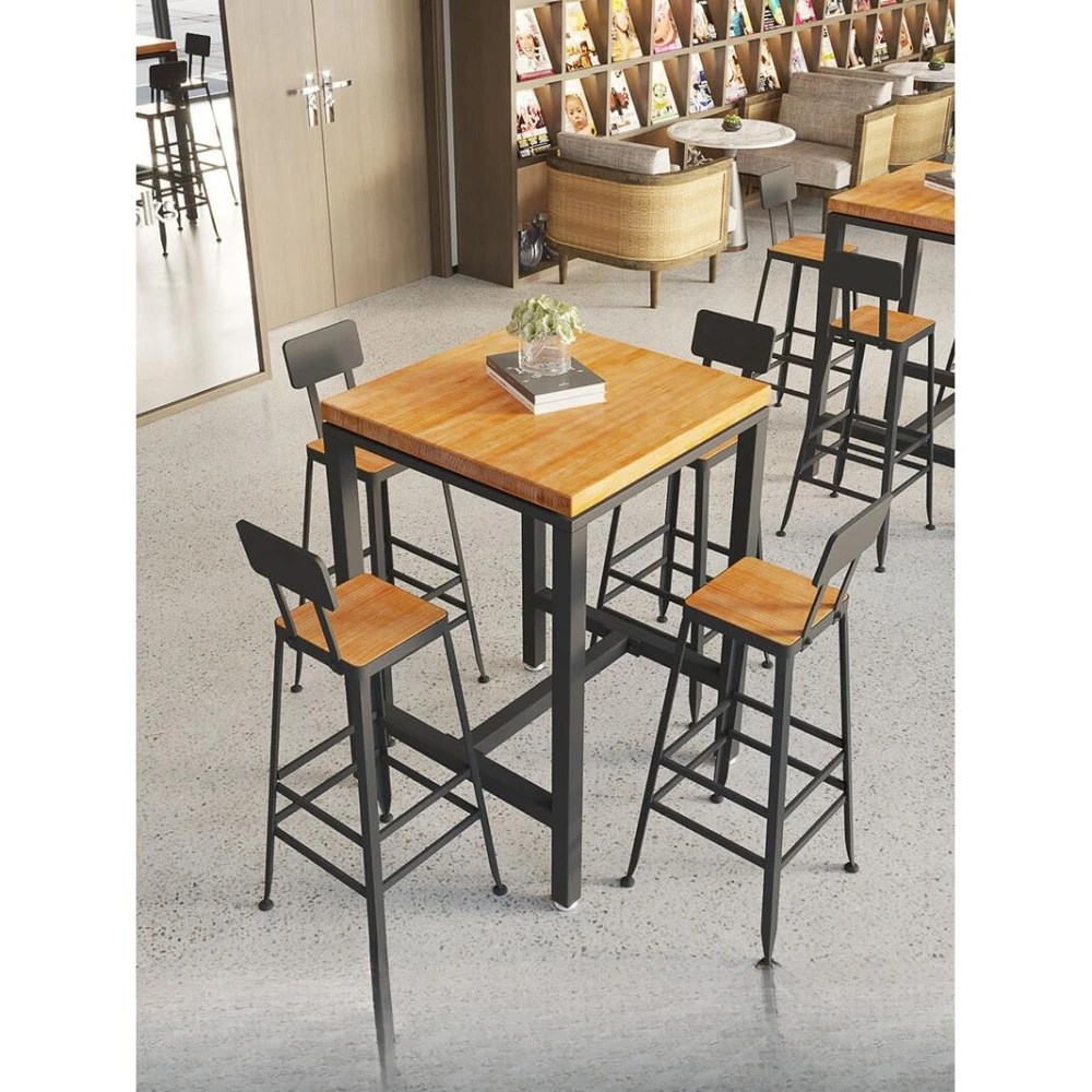 正方形高腳吧臺桌現代簡約甜品店咖啡館鐵藝實木酒吧桌商用1216