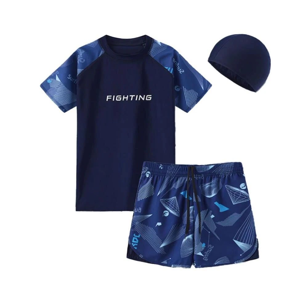 新款 台灣現貨 大童二件式泳衣 胖兒童泳衣 短袖泳衣 男童游泳 游泳衣 青少年 防曬二件式 雙層泳褲套裝