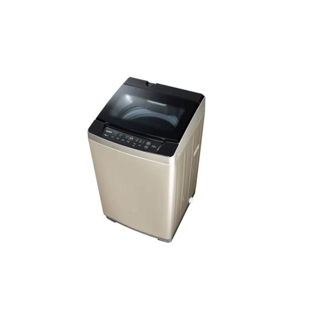  SAMPO 聲寶 ES-K10DF 10公斤窄身變頻直立式洗衣機，採用金色系設計，尺寸僅595*1035*607mm，適合小空間家庭。單槽塑鋼材質內槽，變頻馬達提供高效洗淨，支援預約時間功能。全機1年保固、馬達3年保固，具節能標章及金級省水標章認證，110V/60Hz電壓，含基本安裝服務，產地中國。 