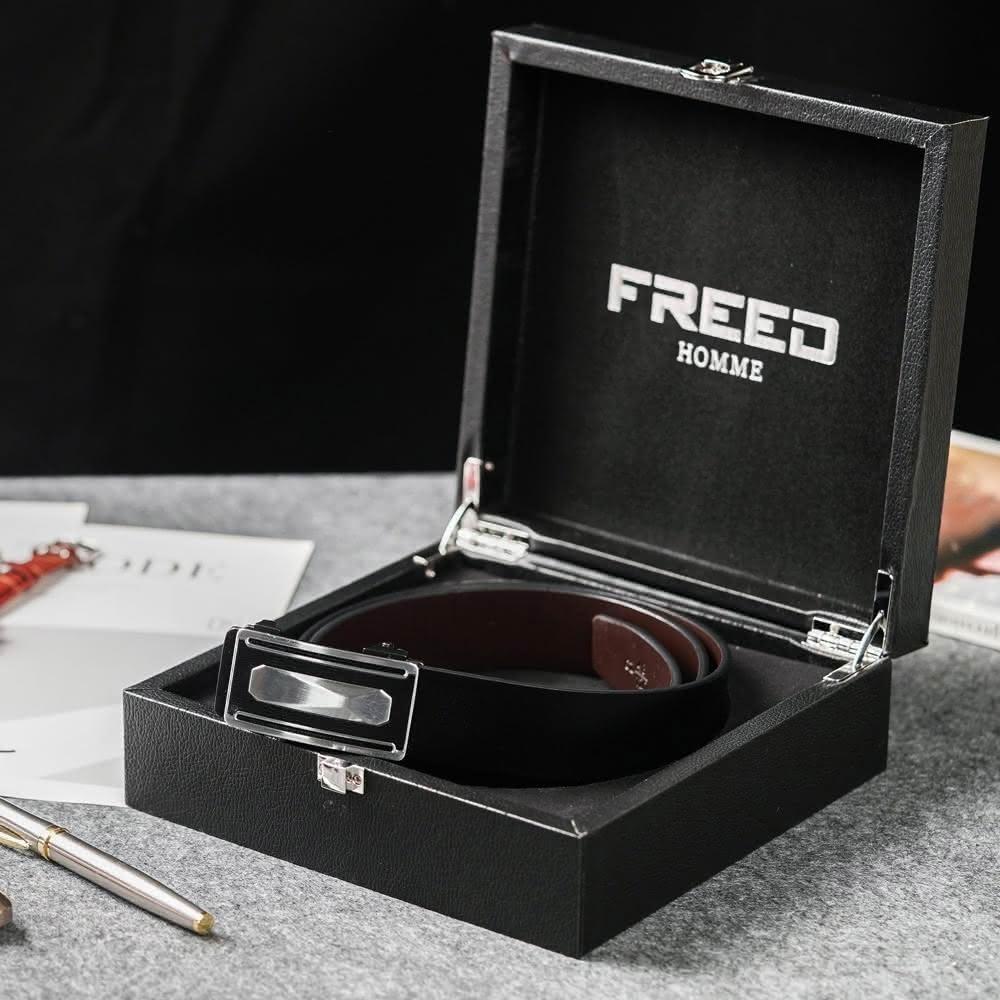 【FREED】方形金屬扣頭商務休閒頭層自動牛皮皮帶-黑色(客製化刻字服務) 生日禮物 男友禮物 真皮皮帶
