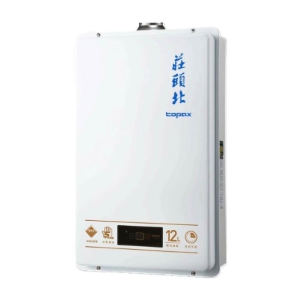 Topax莊頭北 TH-7245FE_NG1 瓦斯熱水器，臺灣原廠製造，FE強制排氣式設計，數位恆溫控制確保穩定熱水輸出，電子式連續點火安全可靠。熱水放出量高達24L/Min，熱效率83%，能源效率第二級，適閤家庭使用。尺寸600×350×164mm，重量僅15kg，電壓110V，保固1年，BSMI許可字號R51085，提供舒適熱水生活。