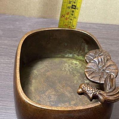 時代金工　古銅鎚出　蓮葉　持手菓子器　F　R5996B 中式古玩荷葉金魚筆洗連年有餘文房合金工藝品擺件
