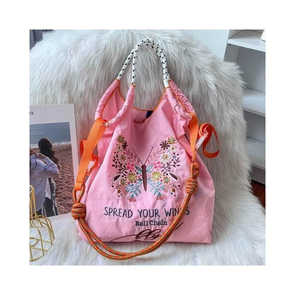 ball chain休閑刺繡購物袋蝴蝶花系單肩斜跨手提包大容量包