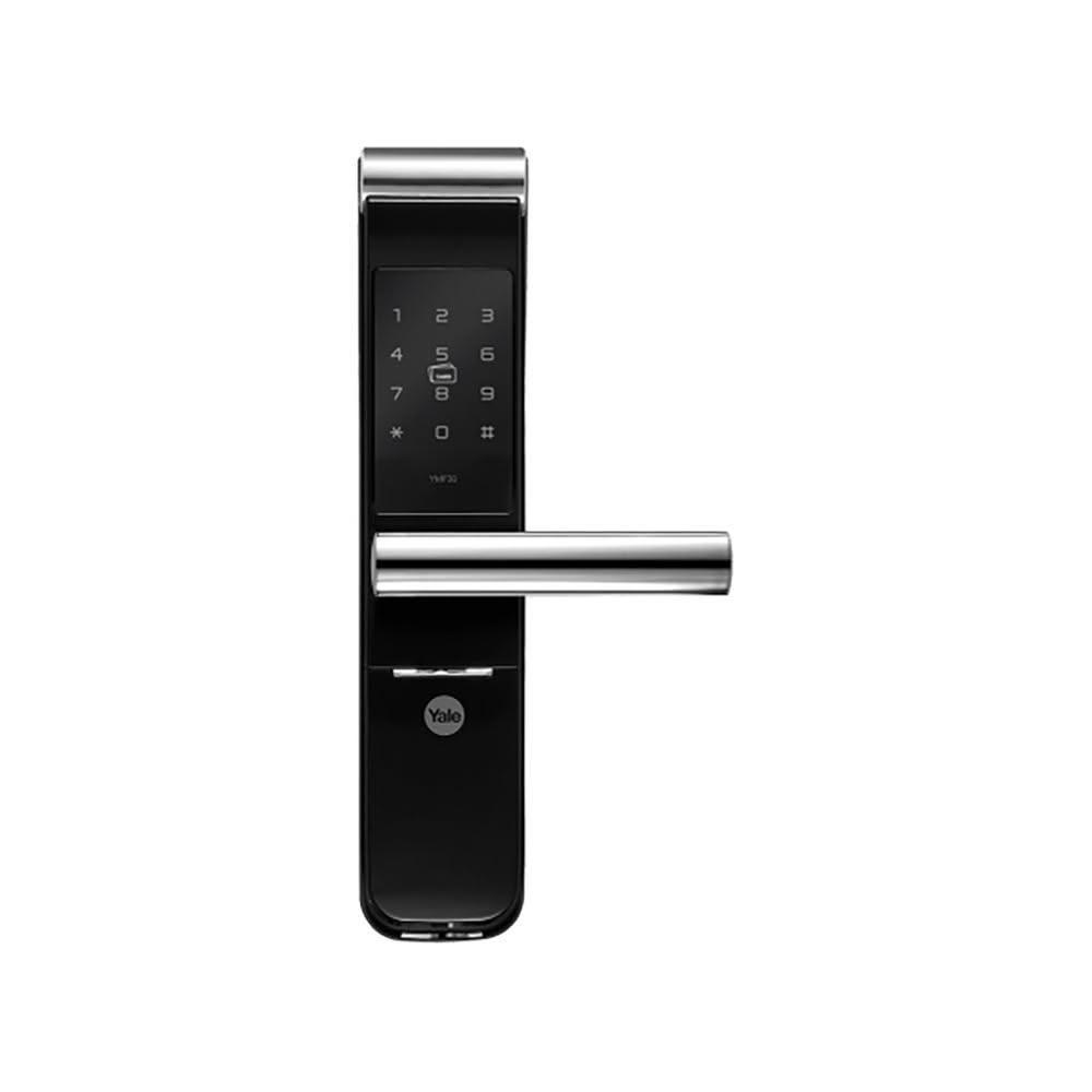 Yale耶魯 YMF-30A 四合一電子鎖，提供多種開門方式：密碼、鑰匙、感應卡及藍芽APP，支援100張原廠或RFID卡片，無指紋功能。使用者密碼可設4-10位數字，適用門厚40-80mm，使用AA電池供電，緊急時可用9V電池。中國製造，享有三年保固，安全便捷的智慧門鎖選擇，提升居家安全。