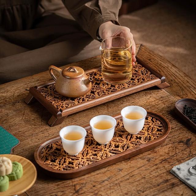 胡桃木茶盤瀝水盤核桃幹泡小茶臺茶杯托中古風茶杯架子茶具收納架优厨纳家居