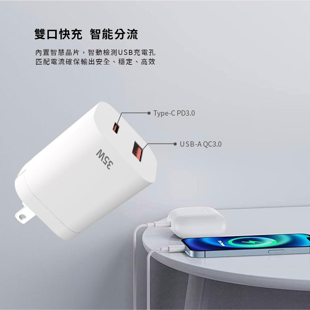 【Lami Fans】35W高效快充 發光款(3C裝置PD/QC快充 LED充電顯示 3A快速充電 寬幅電壓 折腳收納 雙口快充 USB充電器