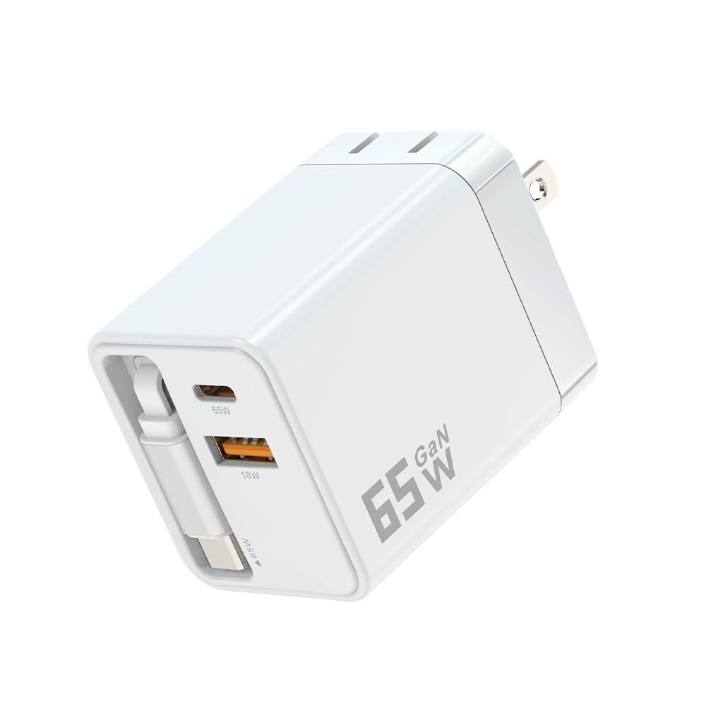【Lami Fans】MCK-U2450 GaN氮化鎵快充電源供應器65W(自帶線 三孔充電器 氮化鎵充電頭 折疊插腳 充電插頭 快速充電器)