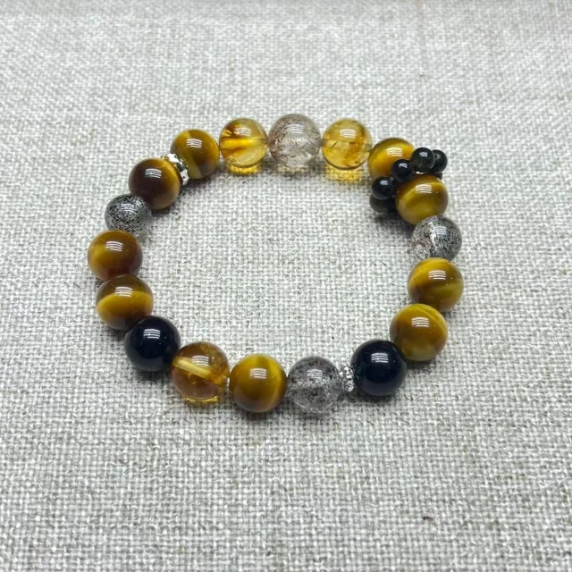 ［佰財珠寶］10mm天然玉化黃虎眼+黃水晶+黑草莓+黑金超多寶DIY手串