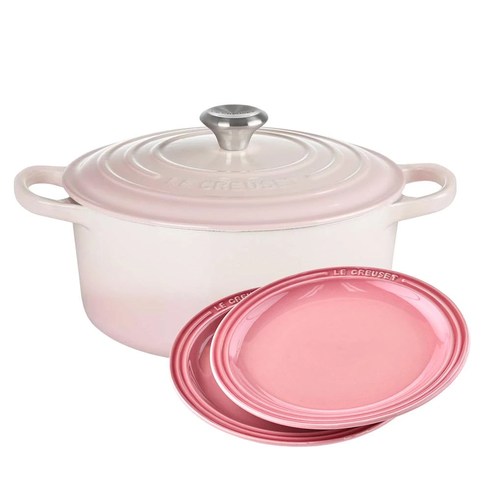 Le Creuset】典藏圓形鑄鐵鍋24cm(野莓金貝殼粉二色可選) + 圓形淺盤