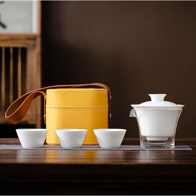 羊脂玉旅行茶具組｜蓋碗茶海茶杯組・隨身泡茶組・附收納盒・戶外旅行茶具